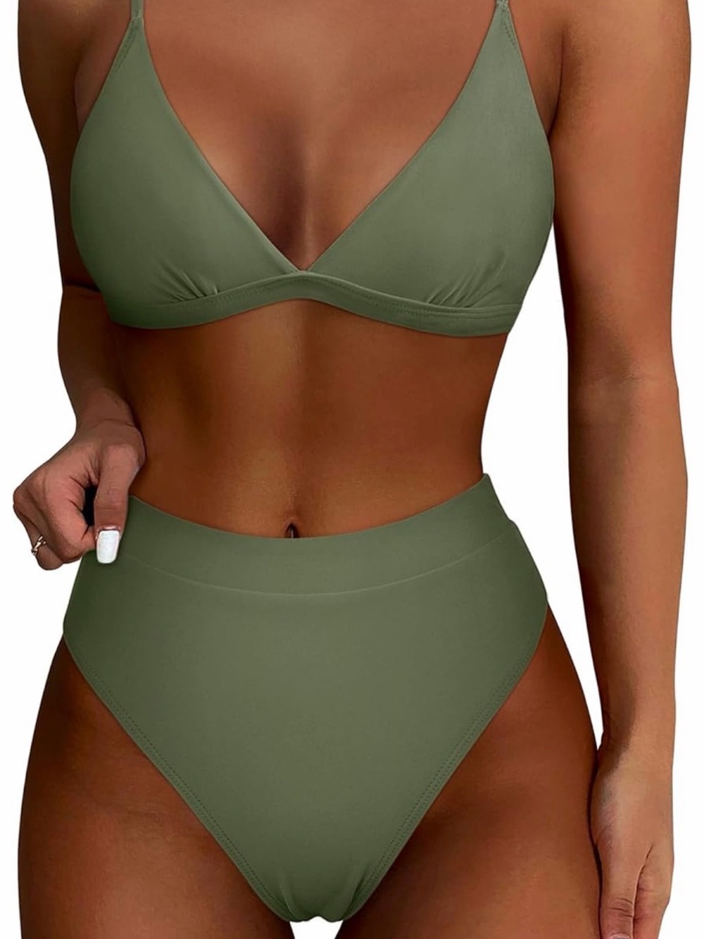 Olive High-Waist Triangle Bikini Set - Women Swim